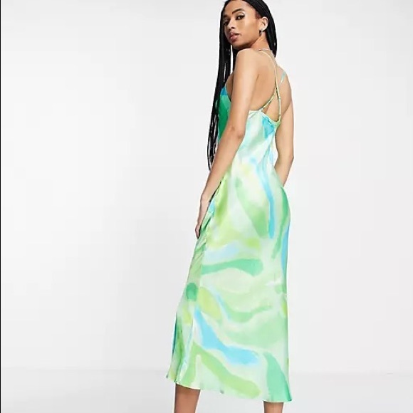 NWT Asos Twist Front Watercolour Midi Satin Style Dress S - Picture 2 of 10